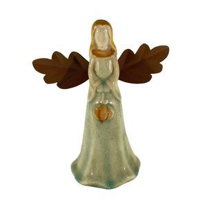 Vintage Angel Figurine Ceramic w/Metal Leaf Wings Fall Harvest Nature Motif Chip